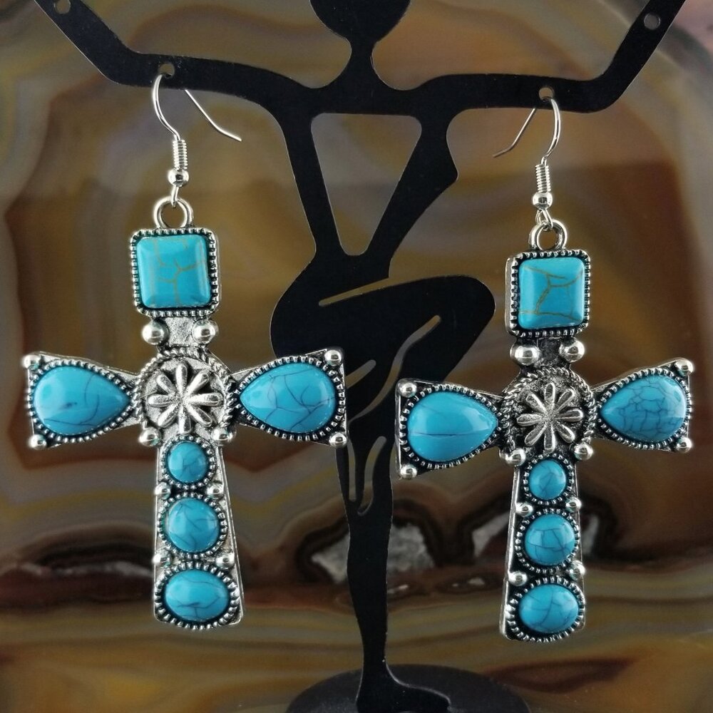 Western Turquoise Cabochon Cross Earrings
